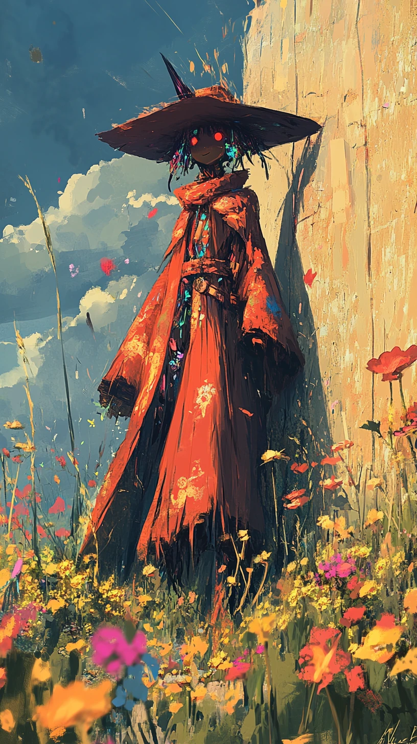 Smiling warrior woman in floral lele inspired outfit outdoors