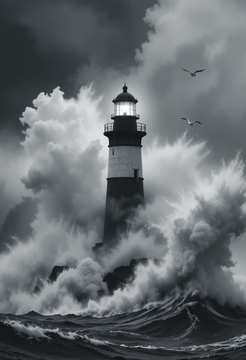 Solitary lighthouse battling immense storm waves at sea