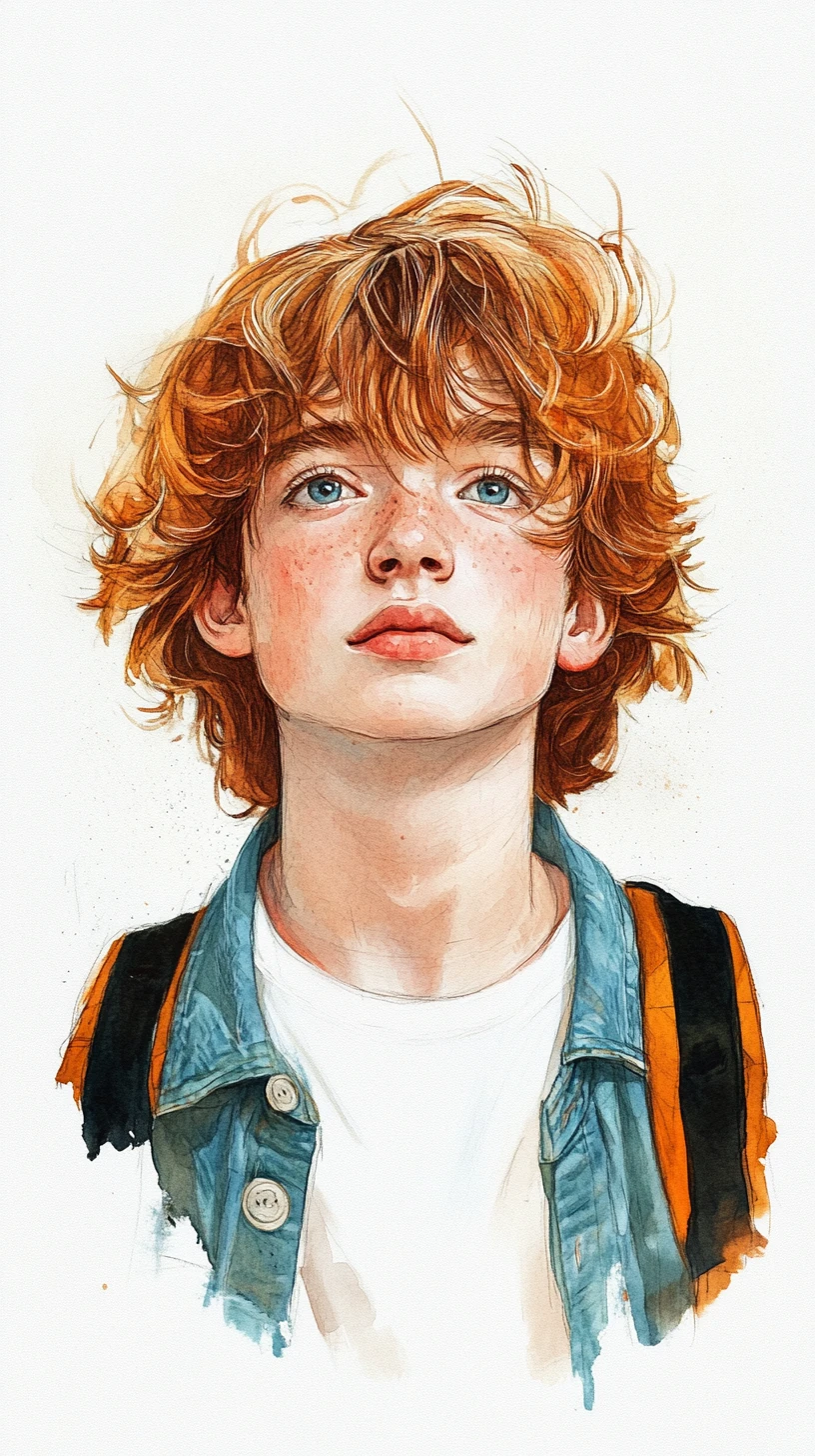 Freckled red haired boy with round glasses in watercolor portrait