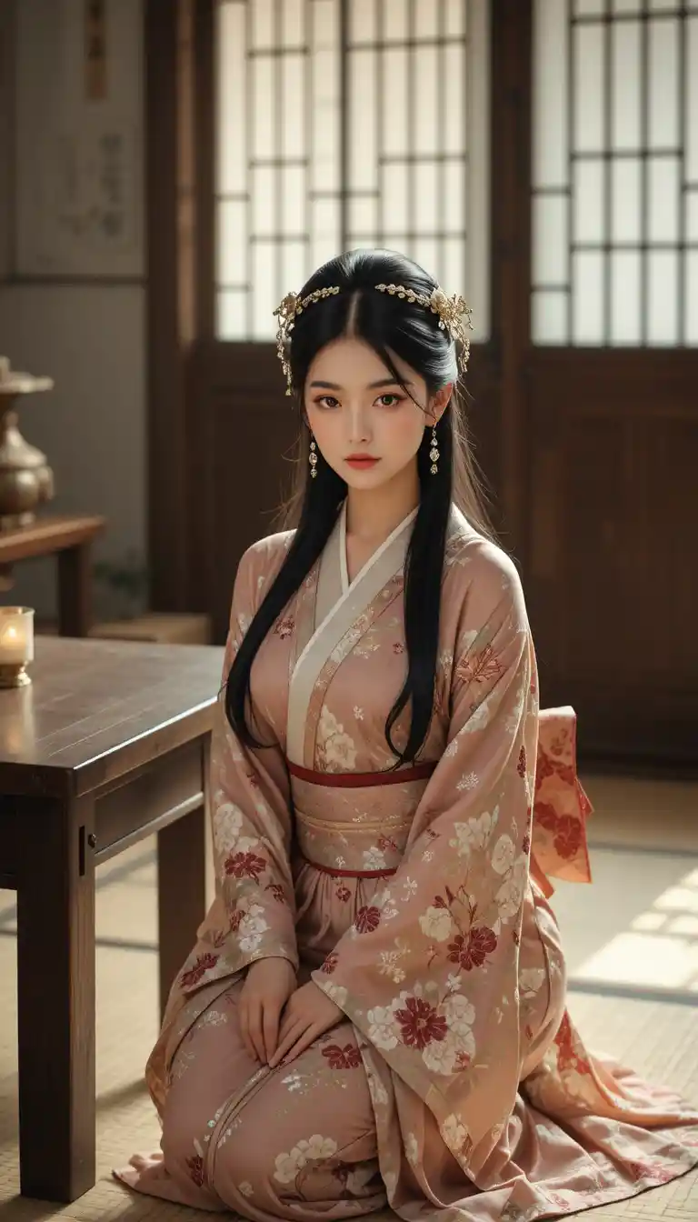 Japanese woman in kimono kneeling in traditional tatami room