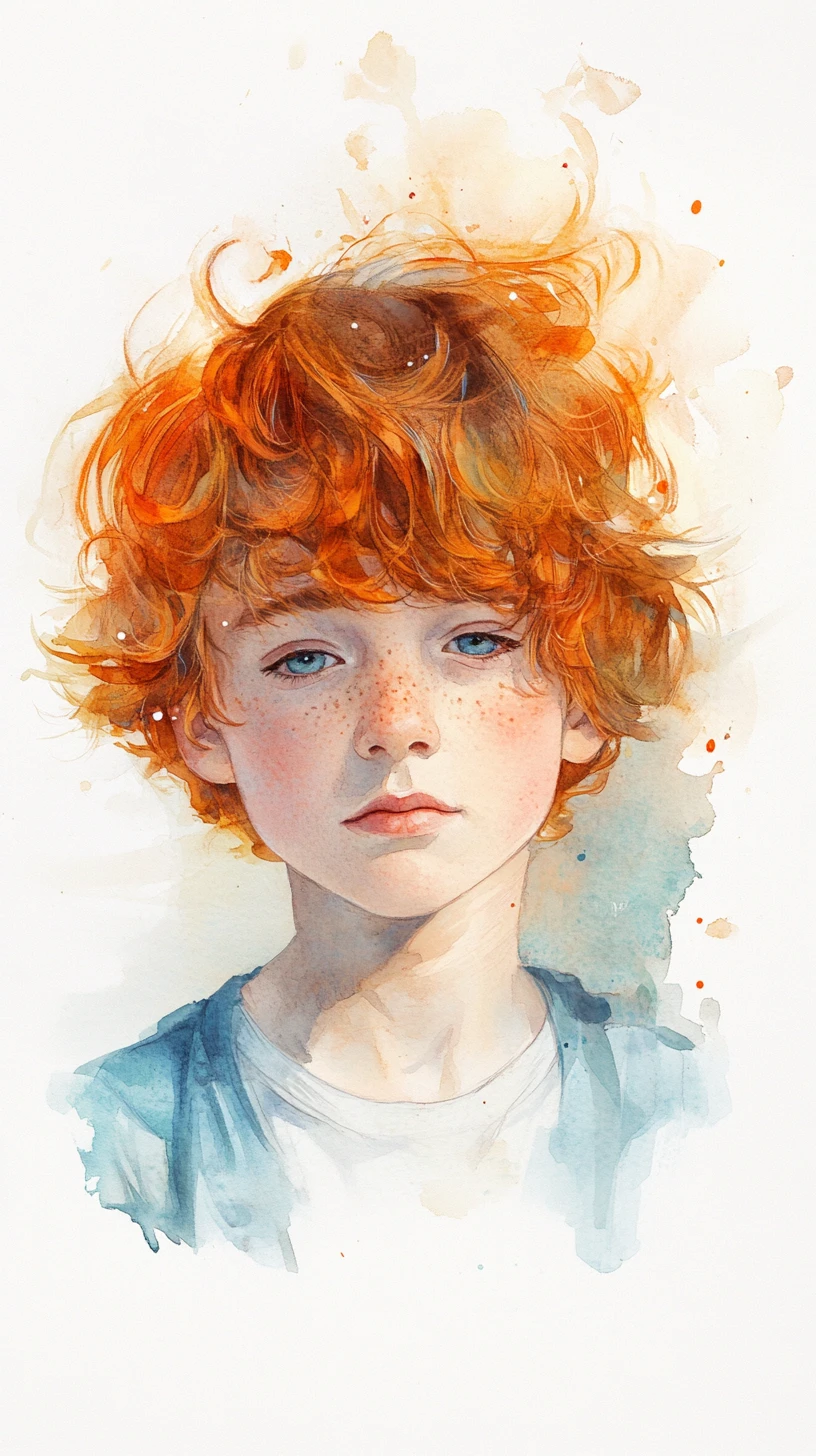 Freckled red haired boy in glasses watercolor portrait