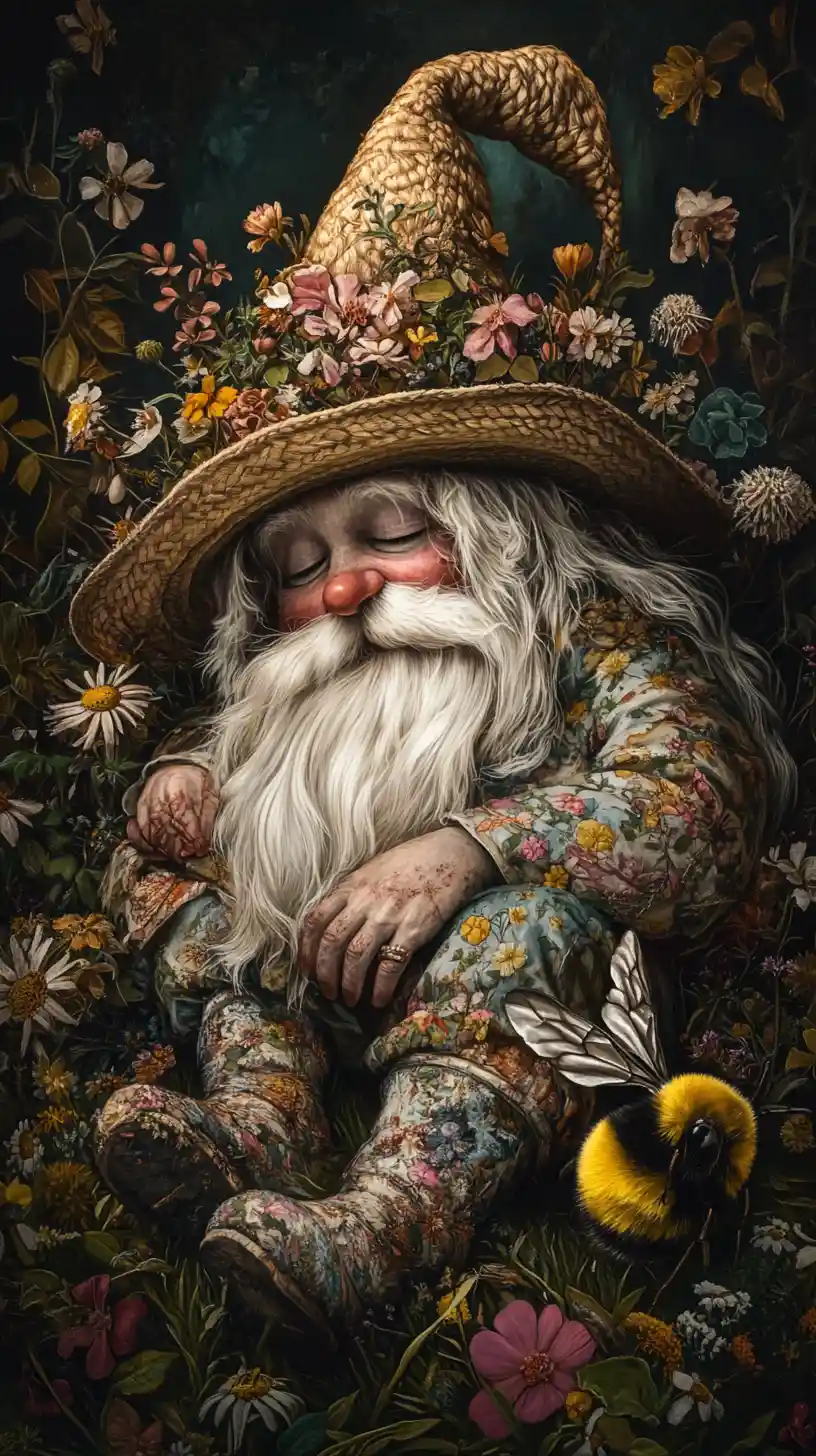 Whimsical garden gnome resting in grass with bumblebee