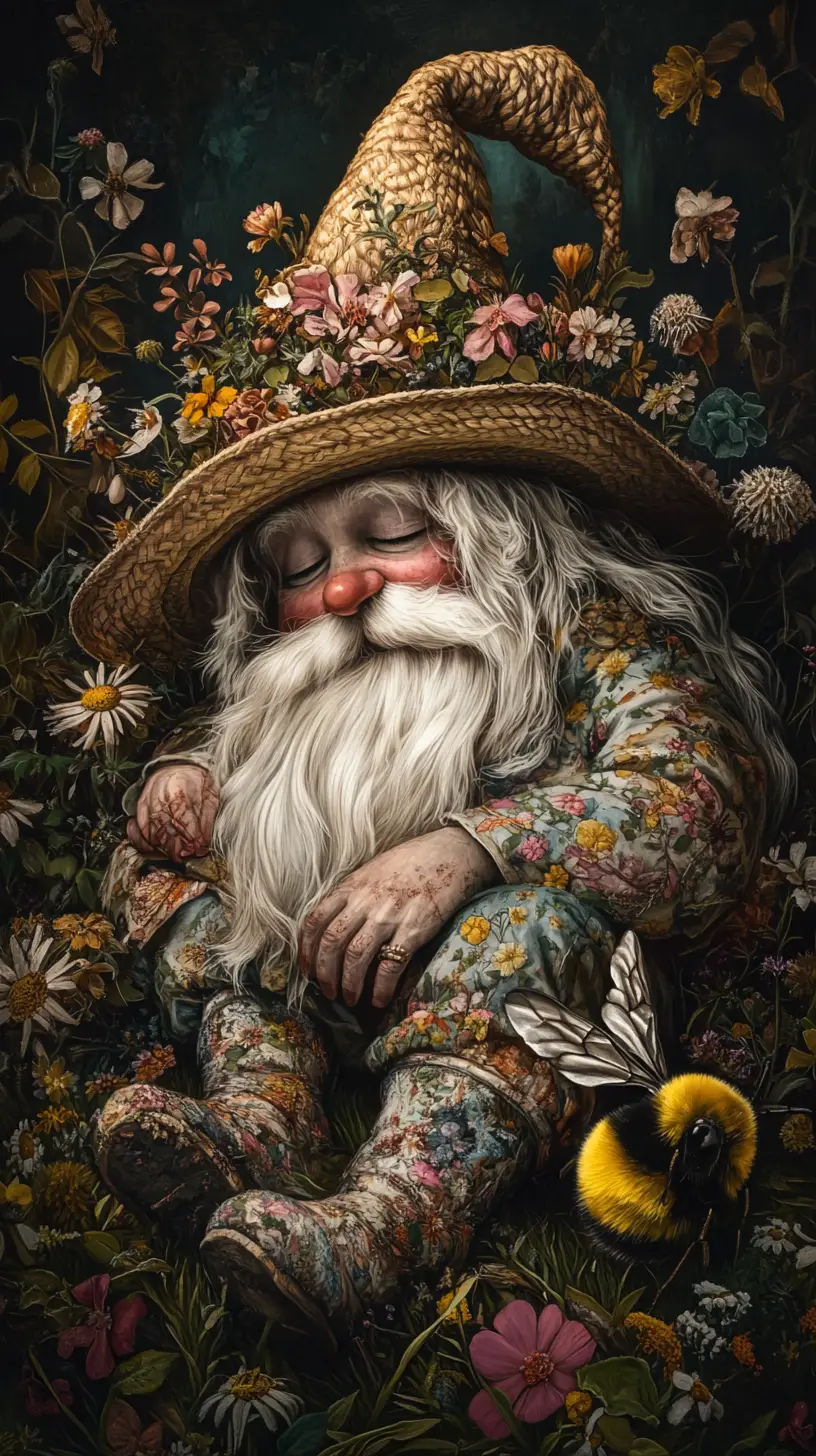 Whimsical garden gnome resting in grass with bumblebee