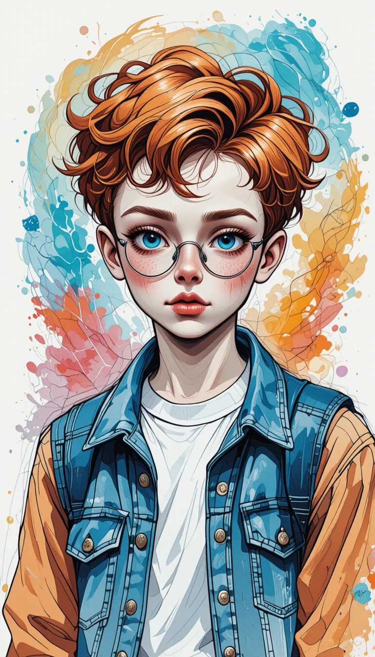 Freckled red haired boy with glasses in watercolor portrait