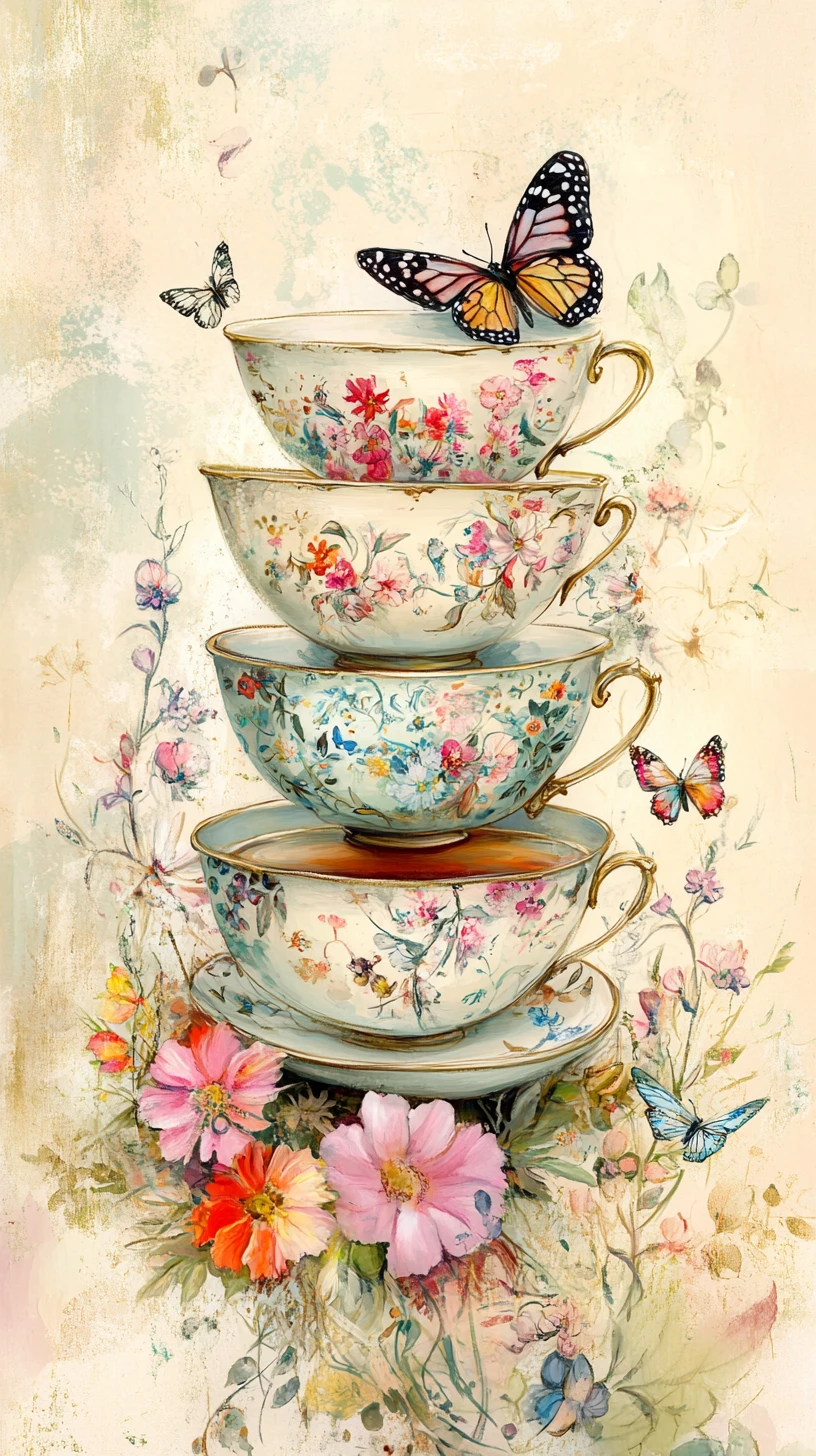 Whimsical floral teacup trio with playful faces