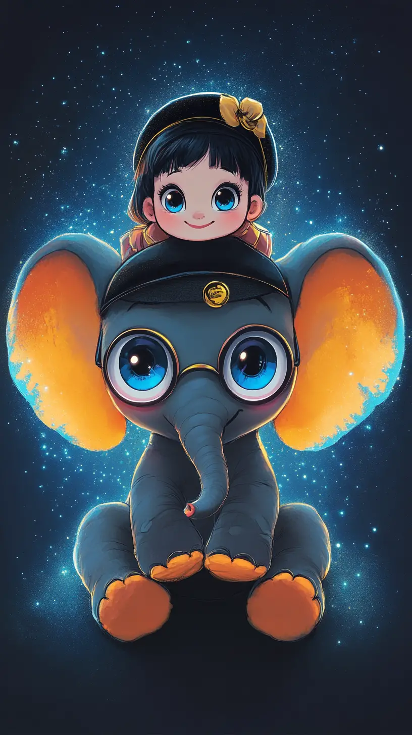 Cute cartoon baby elephant with glasses on glowing blue background