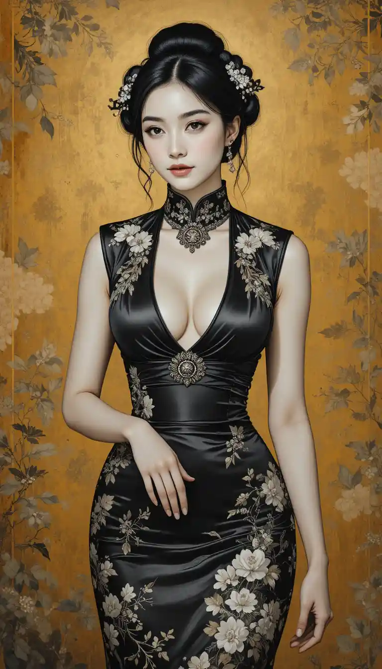 Gouache-Porträt einer asiatischen Frau im Seiden-Qipao