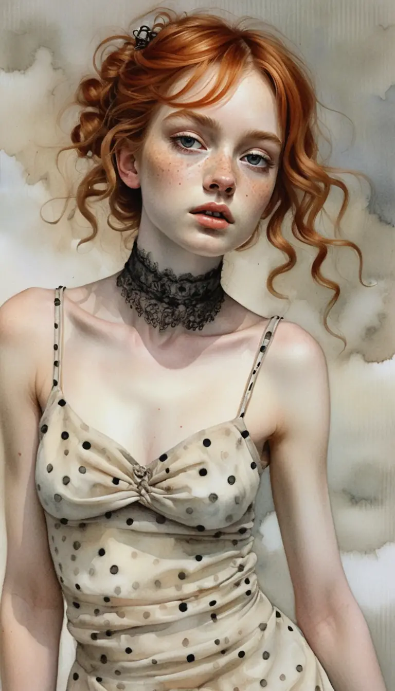 Chica pelirroja con pecas y vestido amarillo entre nubes suaves