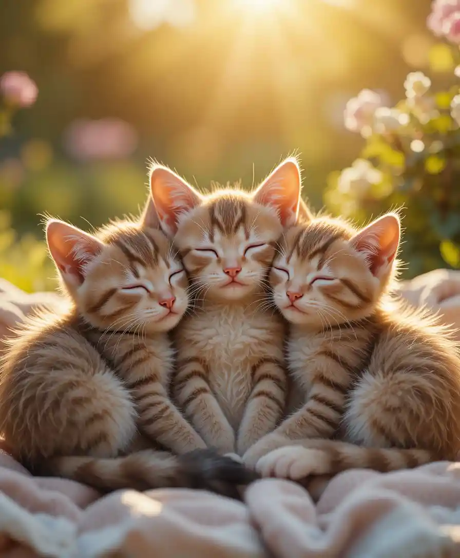 Tres gatitos dormidos acurrucados juntos bajo el cálido sol