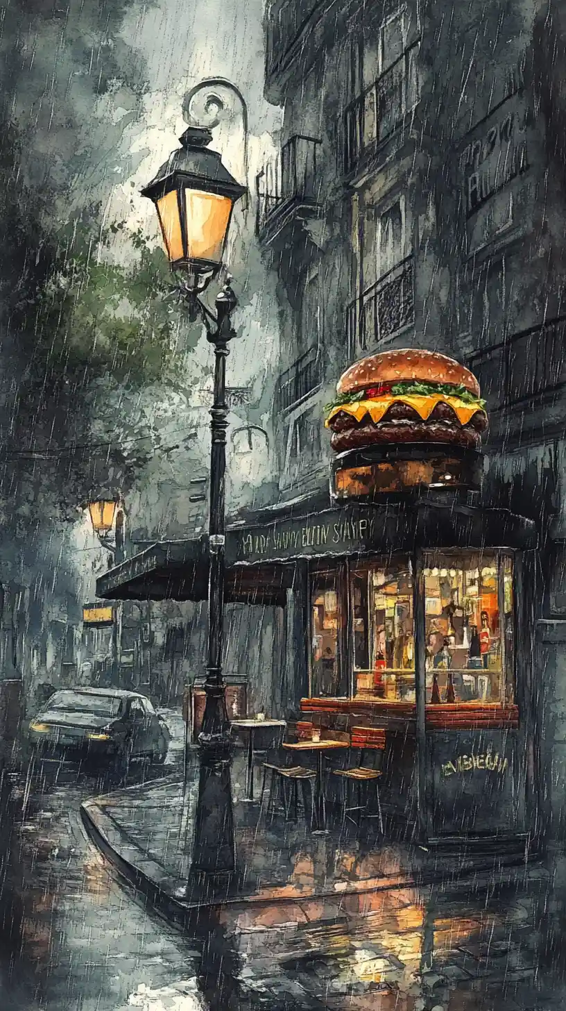 Aquarell-Burger an einer regnerischen Bushaltestelle in der Nacht