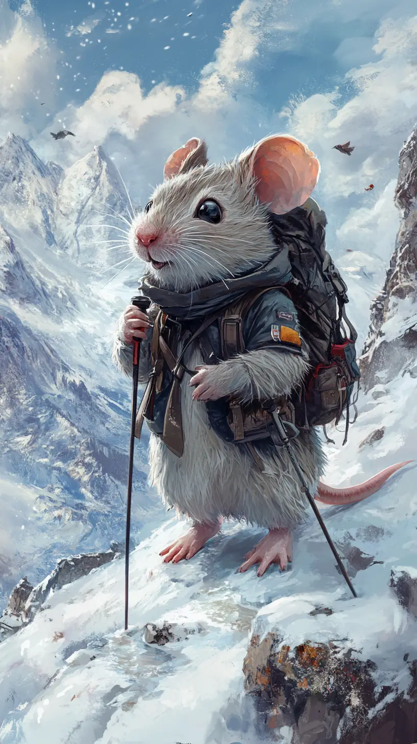 Anthropomorphic mouse hiker by a snowy Austrian mountain