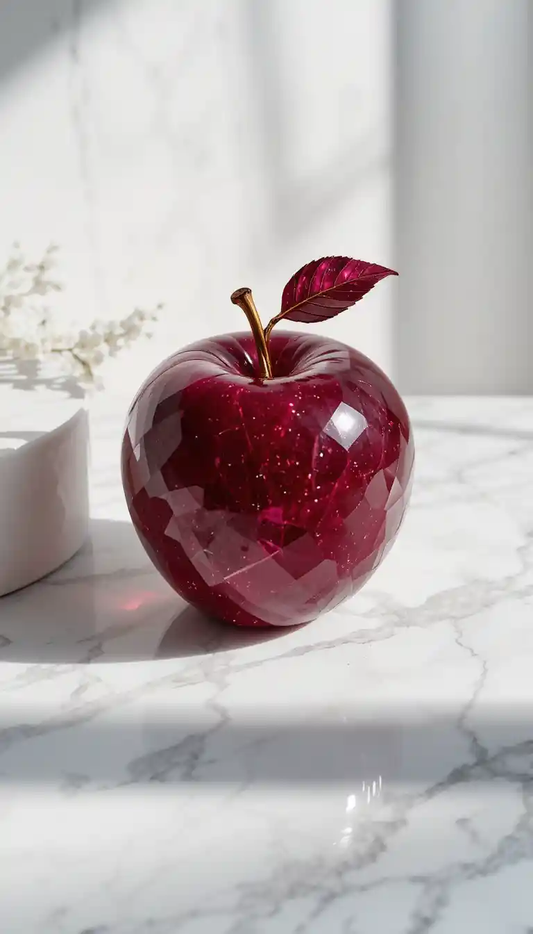 Gemstone apple on white marble in luxury still life