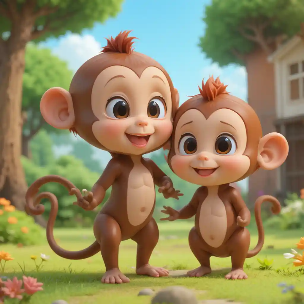 Cute 3D animated monkey mother and baby family scene