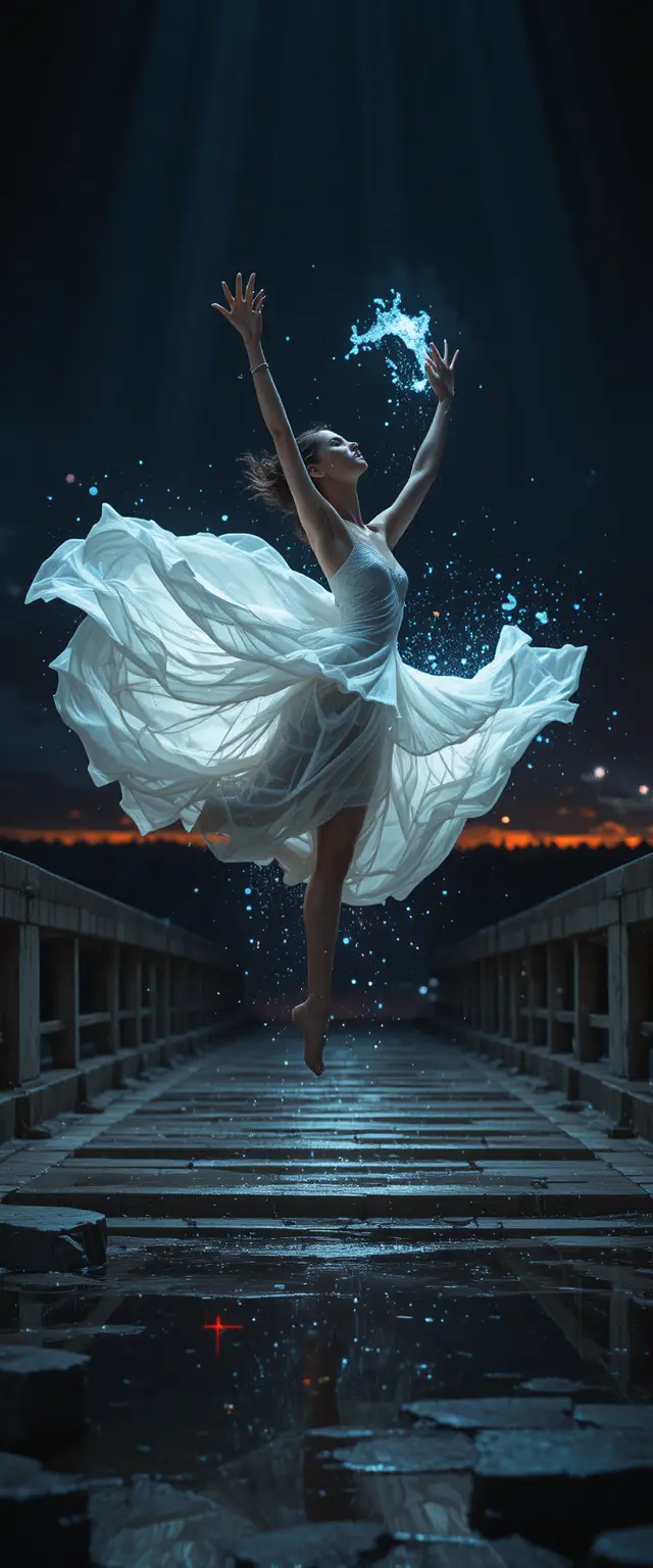 Woman leaping in midair on a dark stone bridge