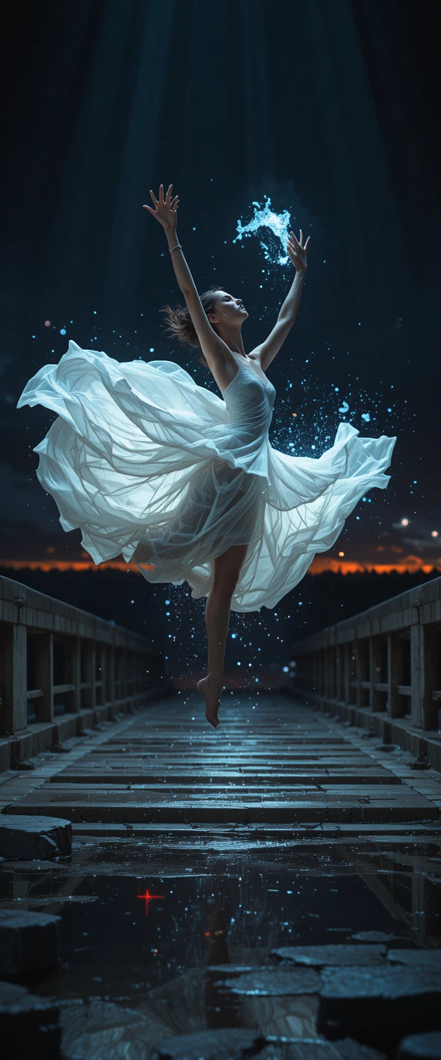 Woman leaping in midair on a dark stone bridge