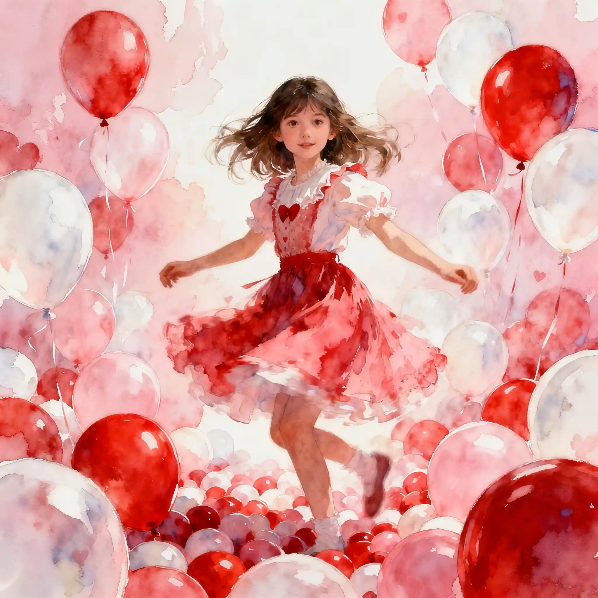 Dancing girl among red and white balloons in watercolor