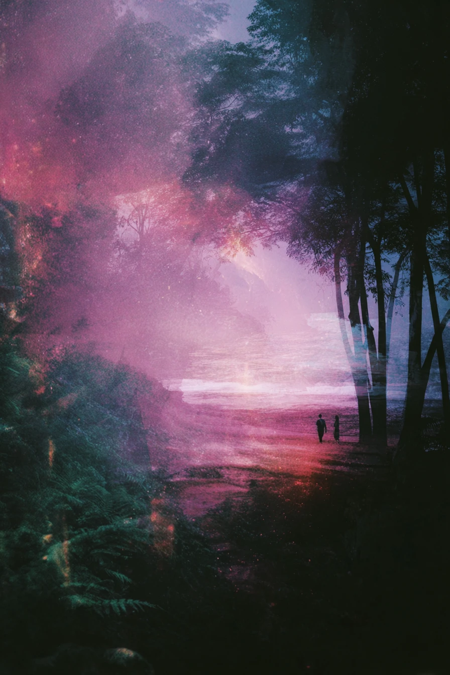 Surreal heartscape over forest and sea in cinematic style