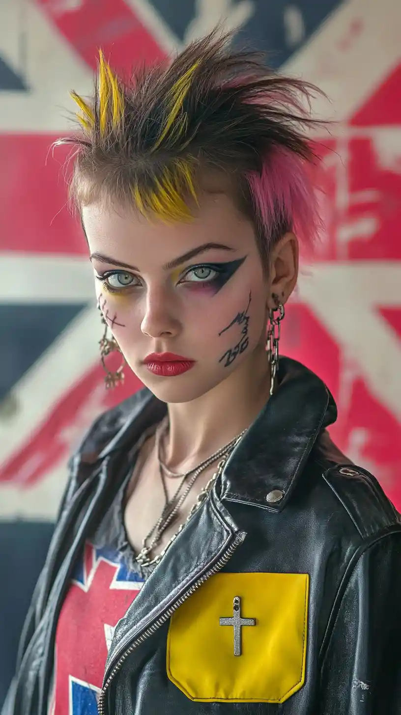 Punk girl with mohawk before painted union jack flag
