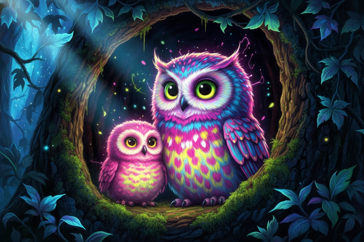 Neon colored owl and chick nestled in a mossy tree hollow
