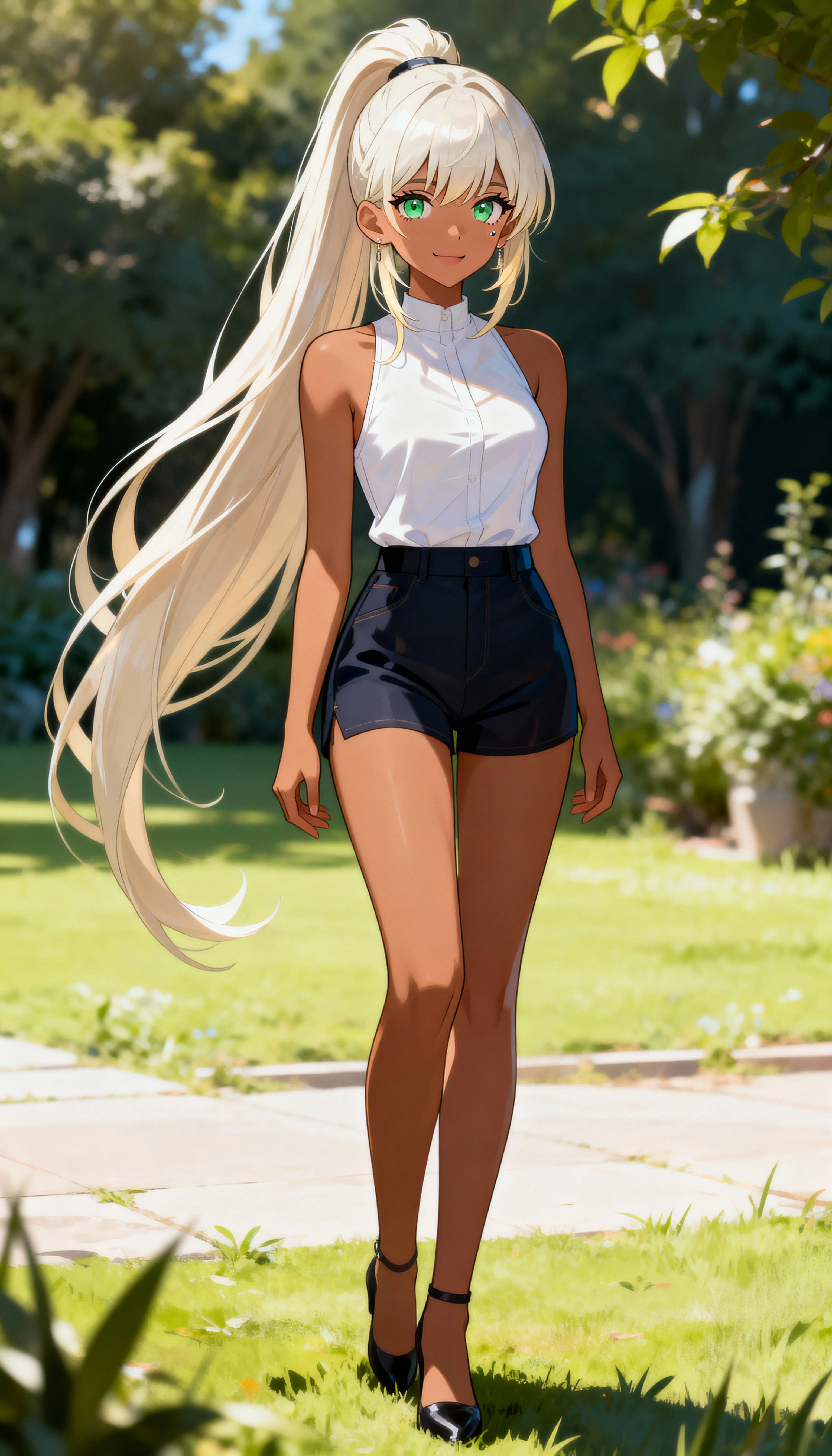 Confident anime woman standing outdoors in sunlight