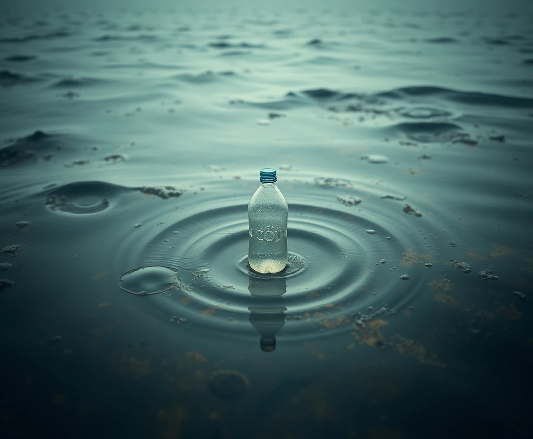 Singola bottiglia di plastica che galleggia in acqua oceanica torbida e inquinata