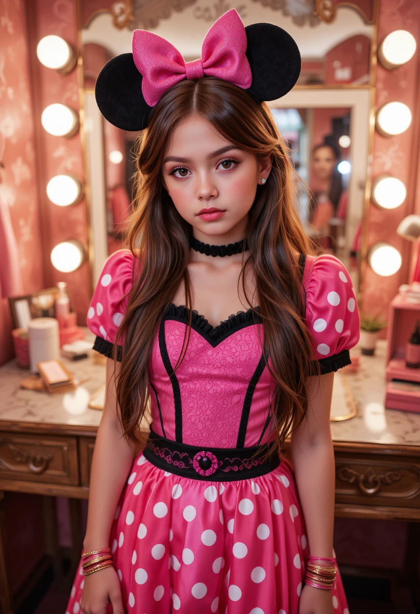 Niño preadolescente nervioso disfrazado de Minnie Mouse en una boutique