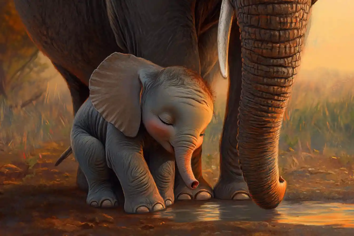Baby-Elefant lehnt sich bei Sonnenuntergang am Wasserloch an seine Mutter
