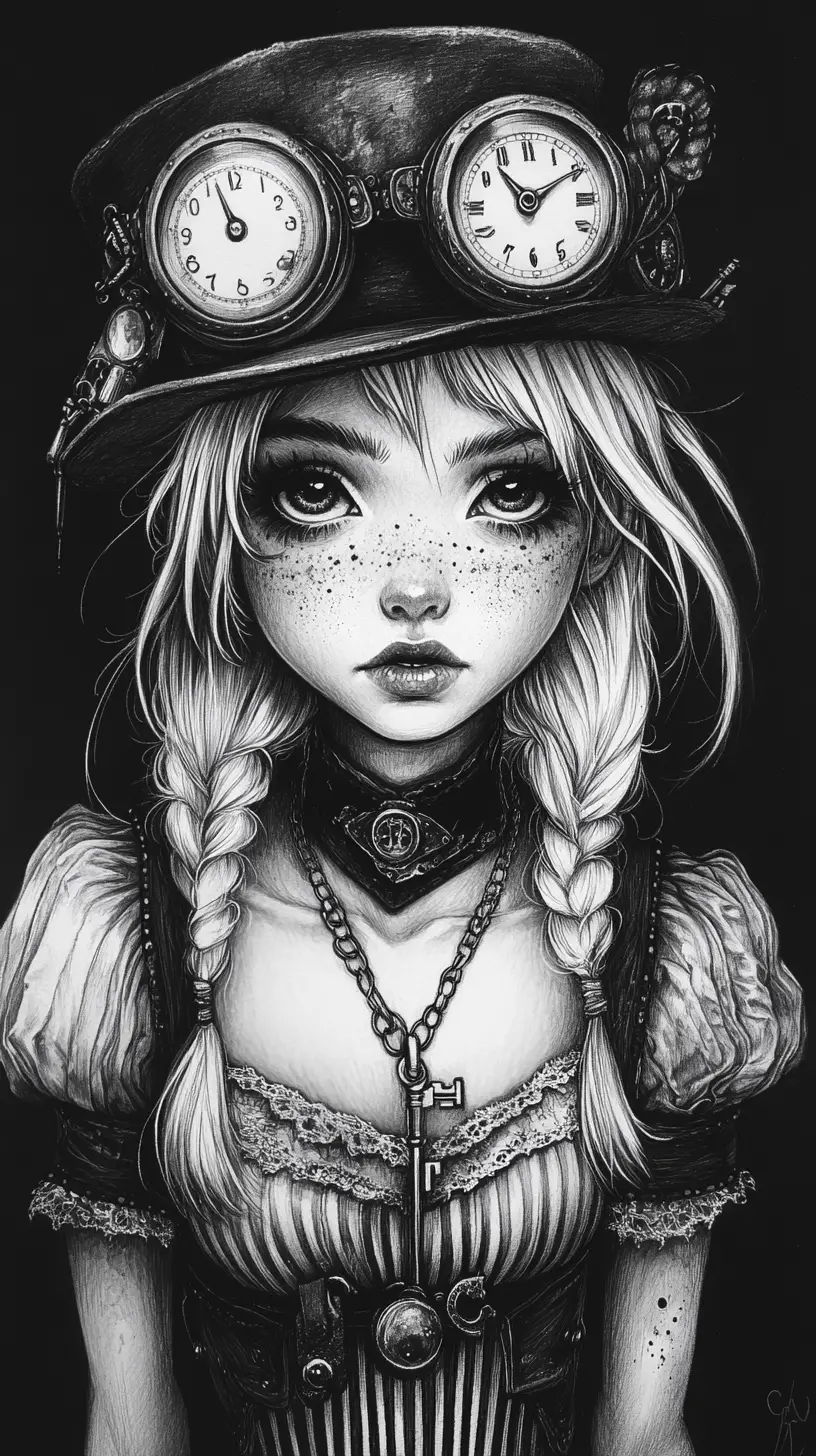 Ritratto di ragazza gotica steampunk in dettagliato disegno a matita