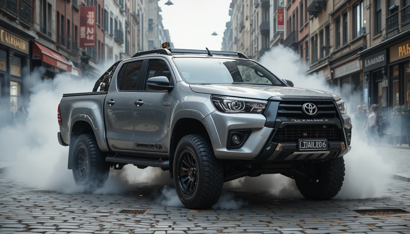 Toyota Hilux steampunk che brucia le gomme su una strada cittadina in ciottoli