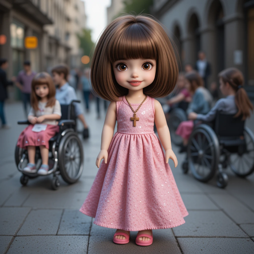 Doll In Pink Dress Standing On A City Sidewalk