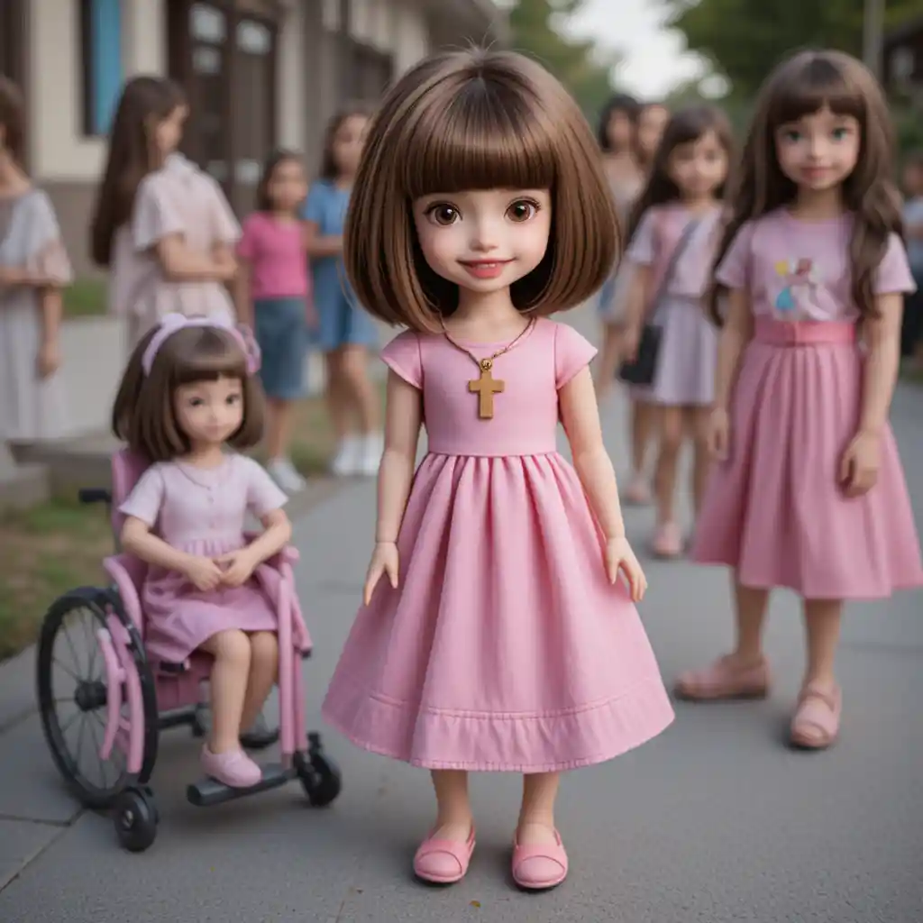 Doll In Pink Dress Standing On A School Sidewalk