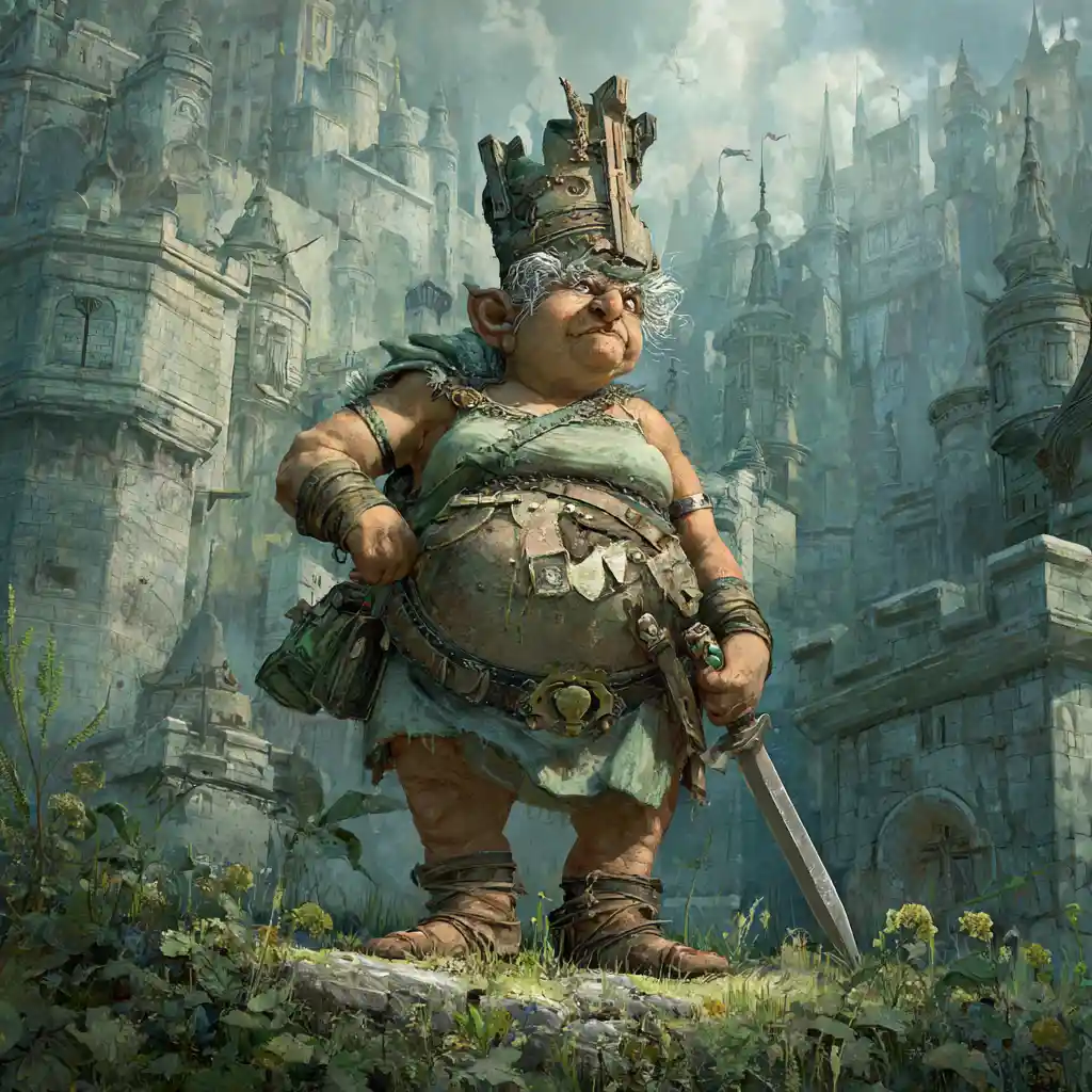 Regal troll queen in leather tunic before stone castle