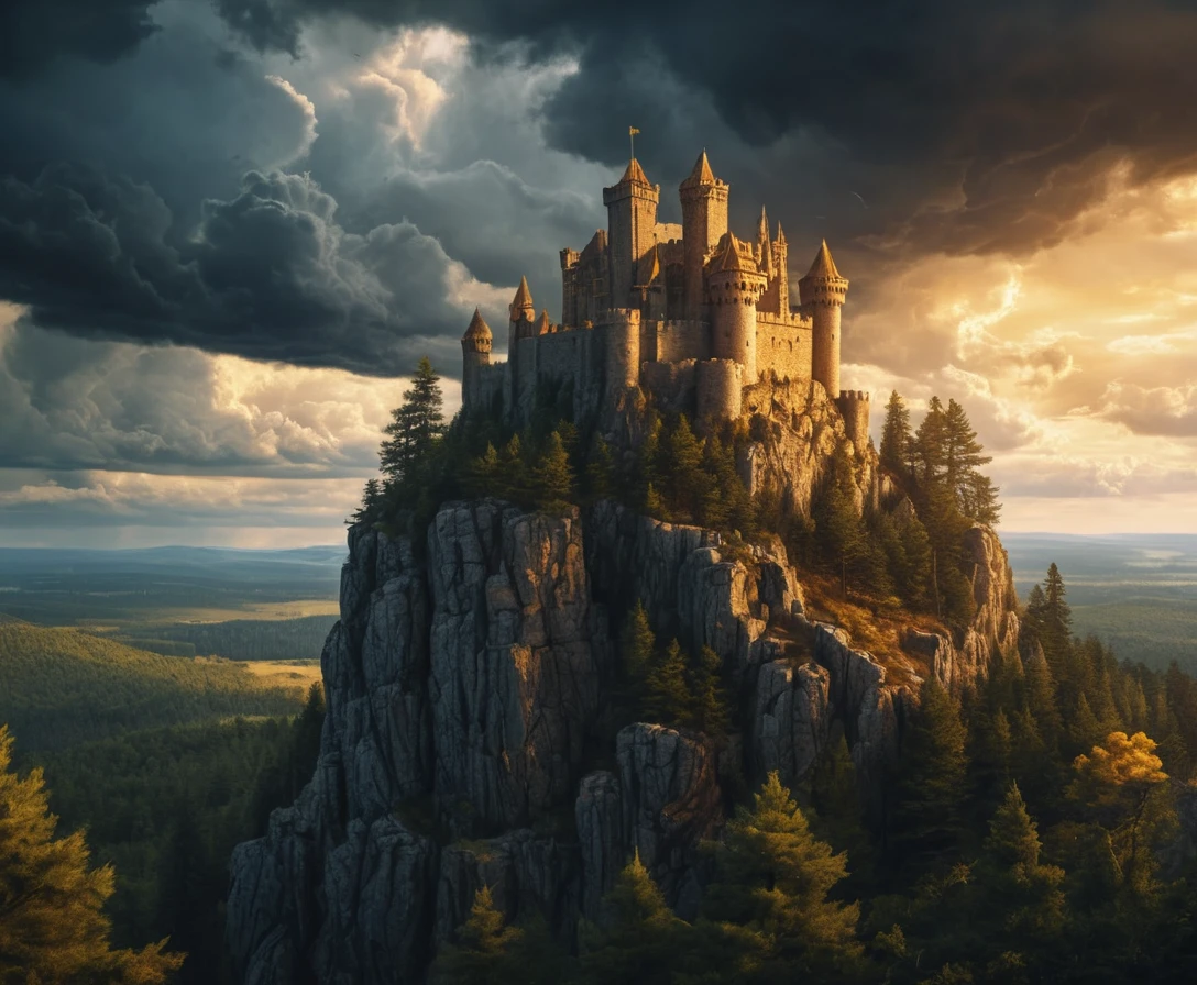 Castillo medieval de piedra en un acantilado al atardecer dorado