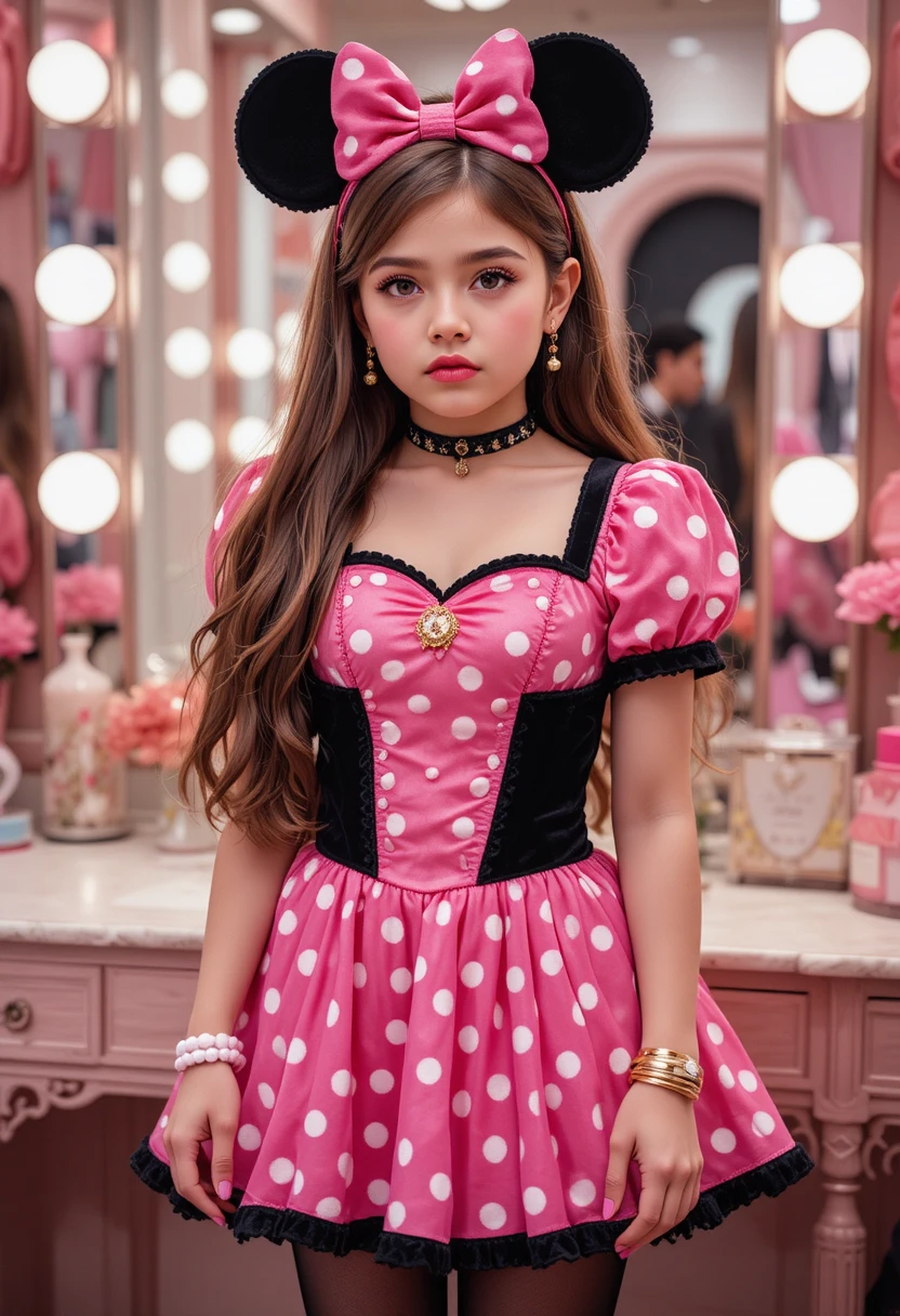 Niño preadolescente disfrazado de Minnie Mouse en tocador de boutique