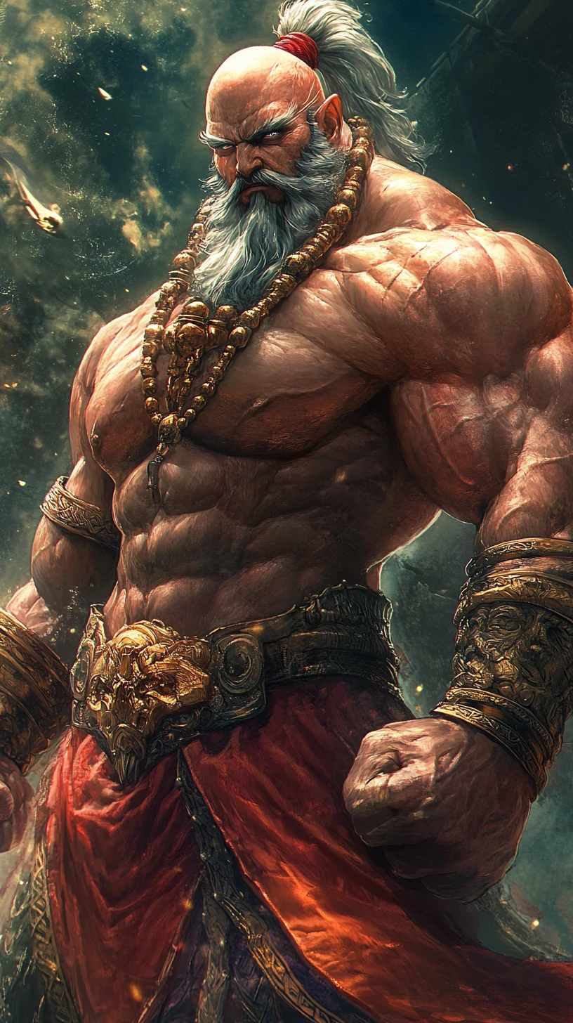 Guerrero musculoso de fantasía estilo anime en postura clásica de combate