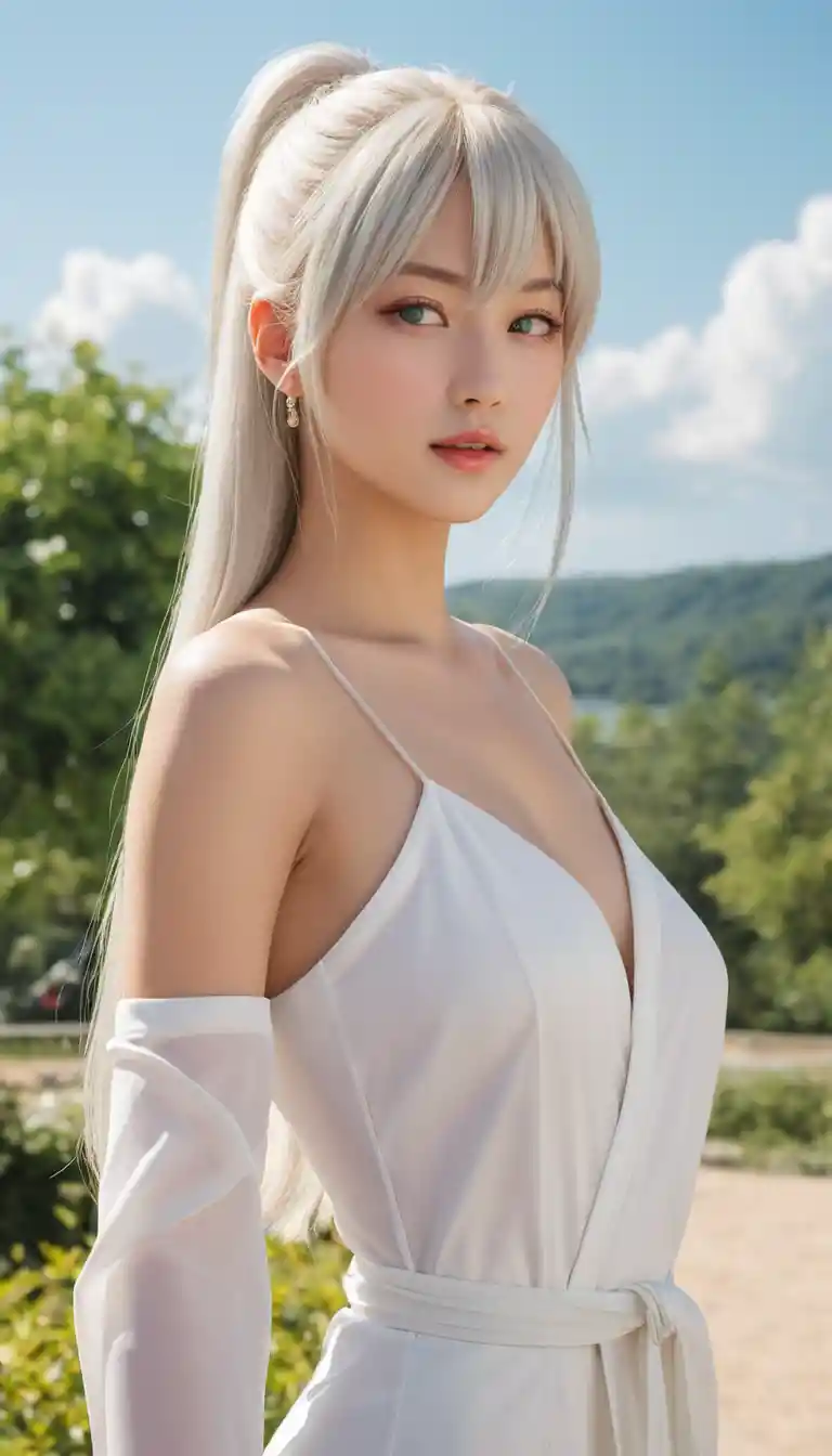 Anime woman in k pop fashion standing in sunny outdoors