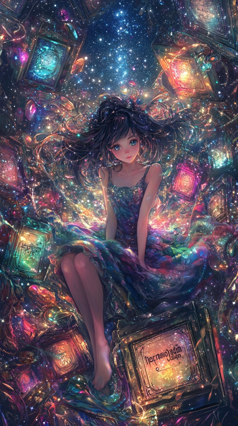 Anime-Mädchen tanzt in leuchtendem fantastischem Schatzreich