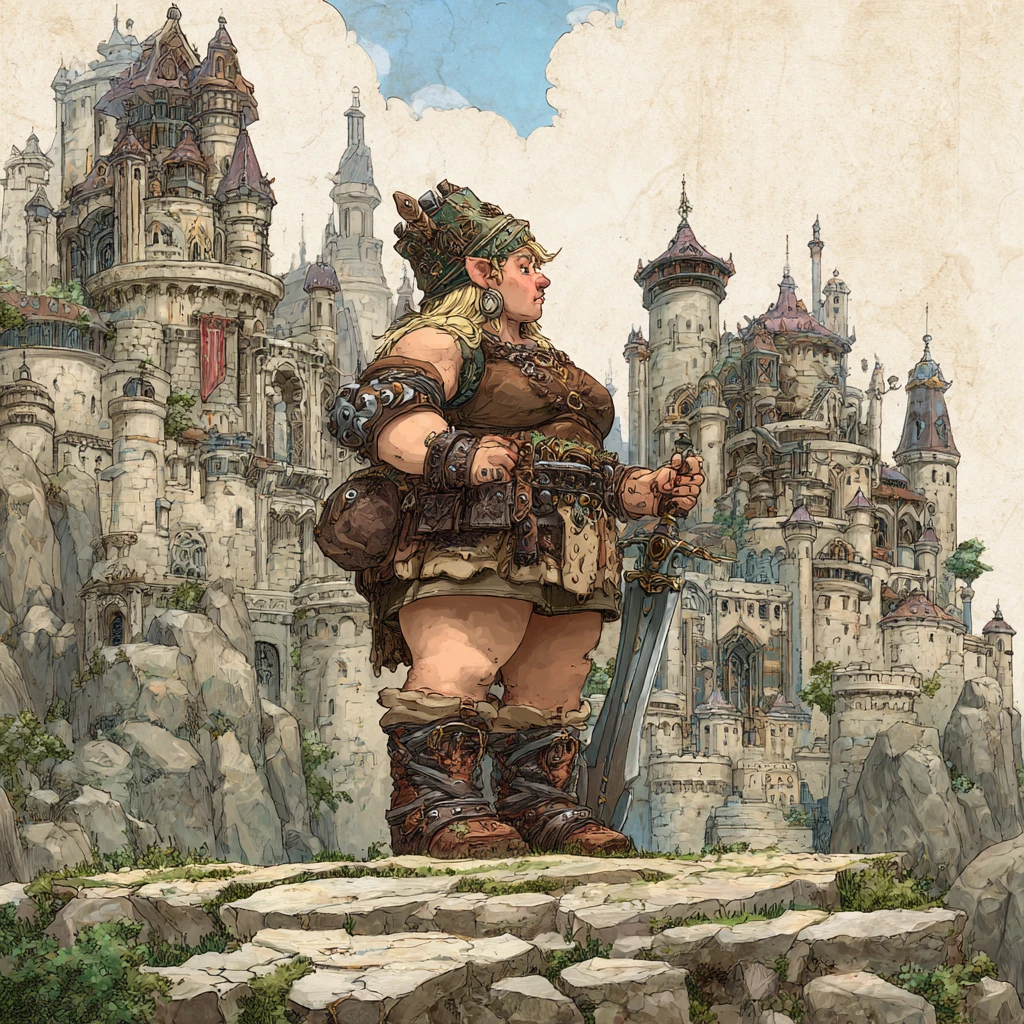Reine troll royale devant un immense château de pierre fantastique