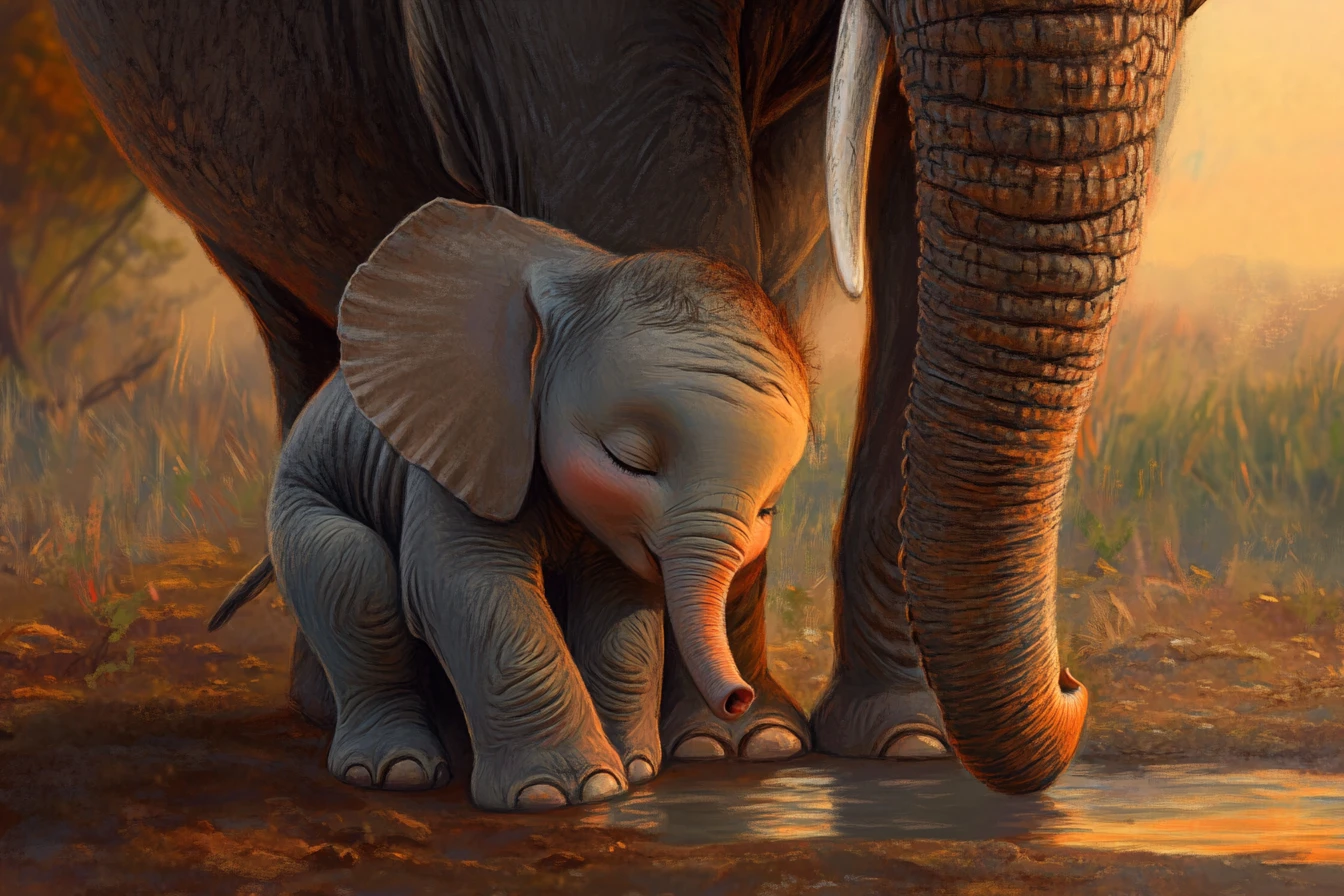 Filhote de elefante descansando encostado na mãe ao pôr do sol no bebedouro