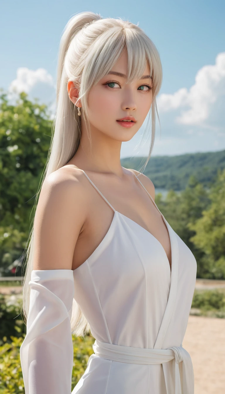 Anime woman in k pop fashion standing in sunny outdoors
