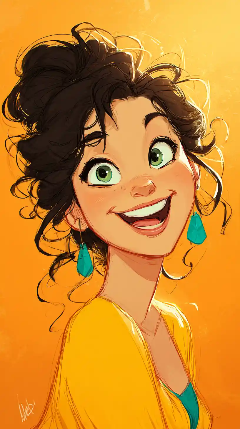 Smiling girl with green eyes in bright cartoon style