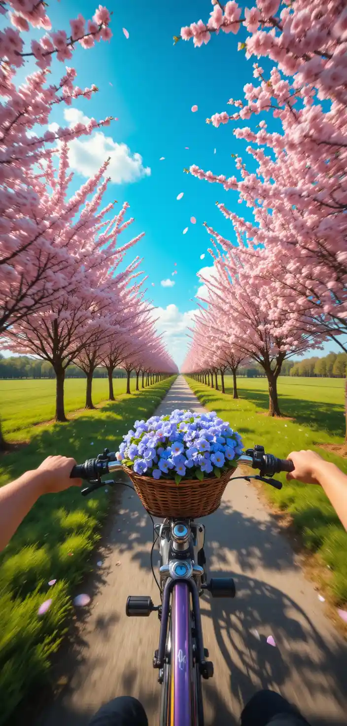 Paseo en bicicleta de primavera por un camino rural en flor