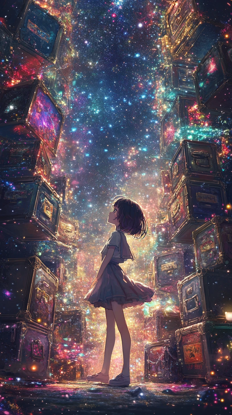 Anime-Mädchen tanzt in einem leuchtenden Fantasiereich voller Truhen