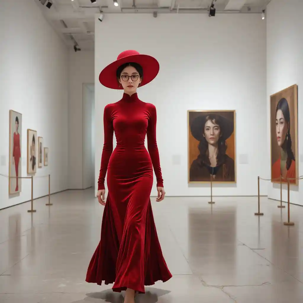 Confident Korean woman in red velvet walking through gallery