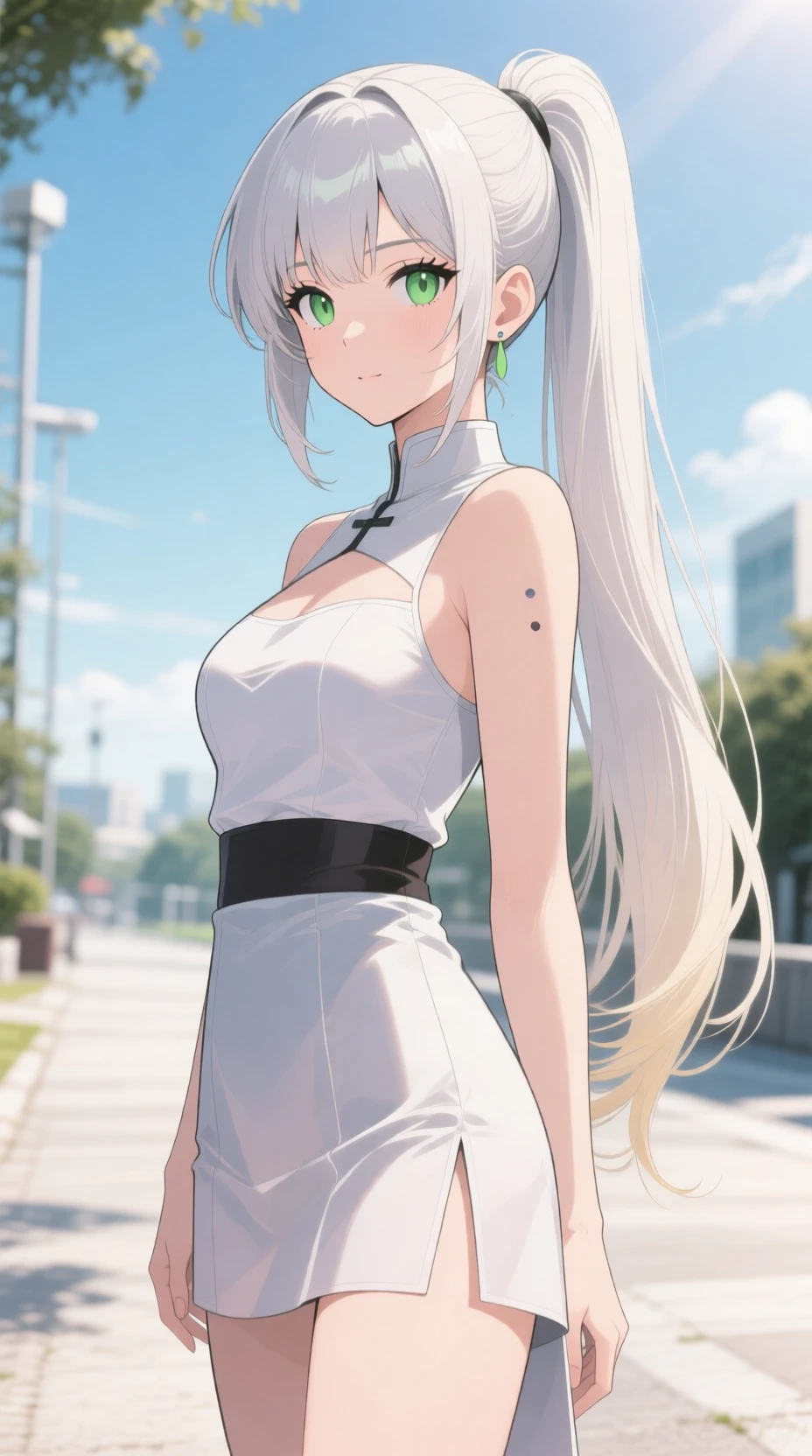 Elegant anime woman standing outdoors in daylight