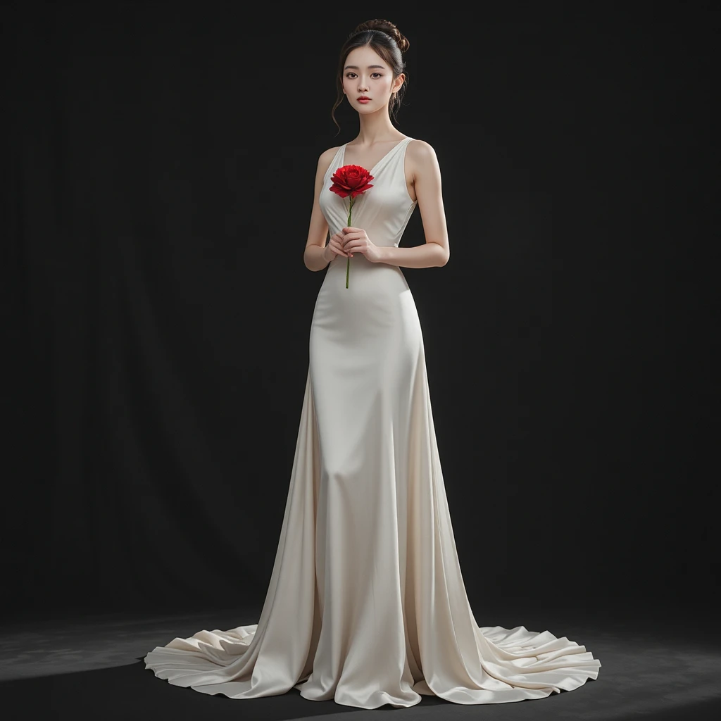 Elegant Korean woman in ivory gown holding crimson flower
