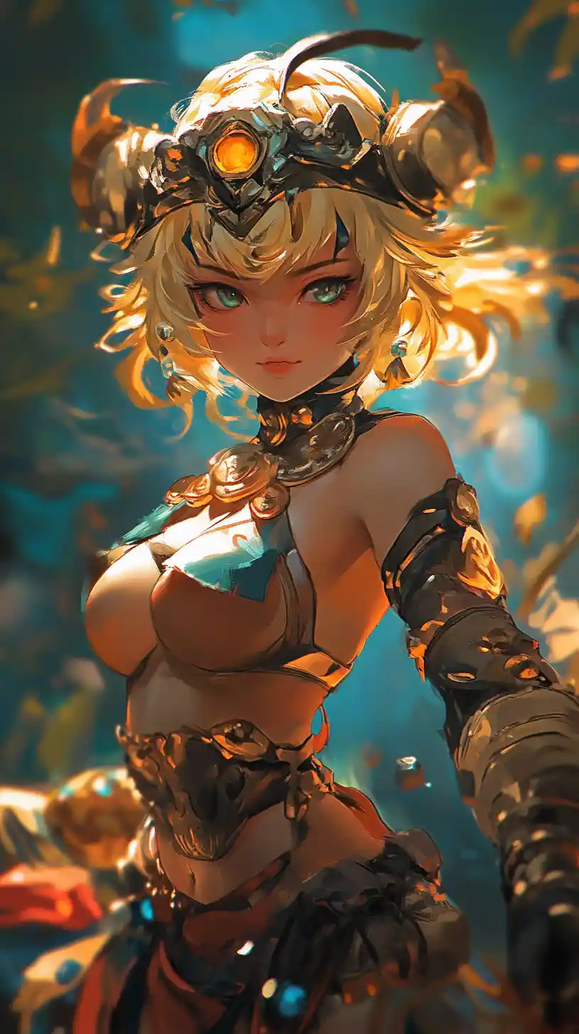 Guerriera fanciulla fantasy in posa da duello in stile anime