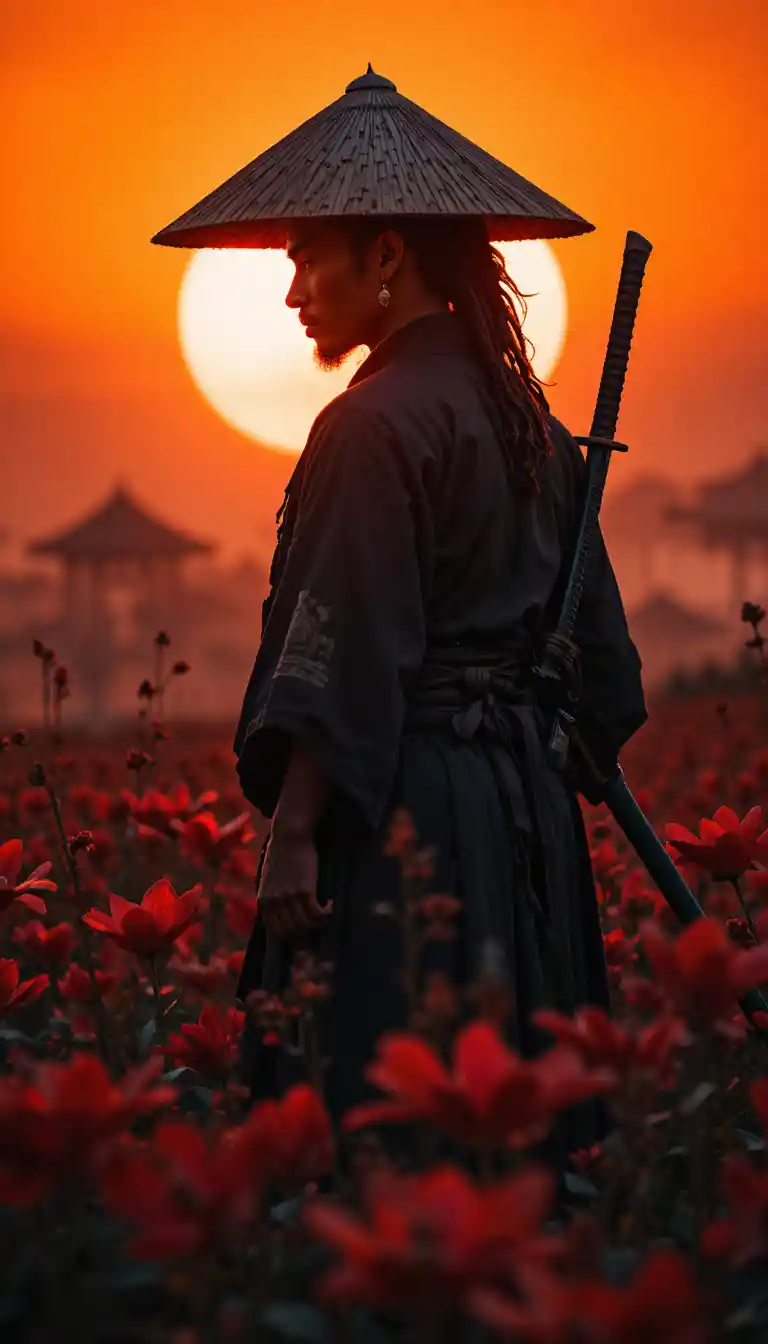 Samurai afro solitario in controluce contro un tramonto infuocato