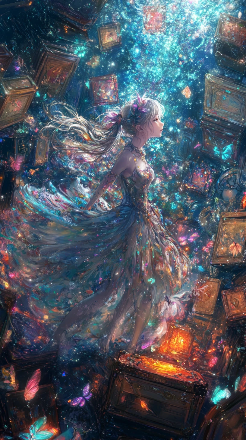 Anime girl dancing in a kaleidoscopic fantasy realm