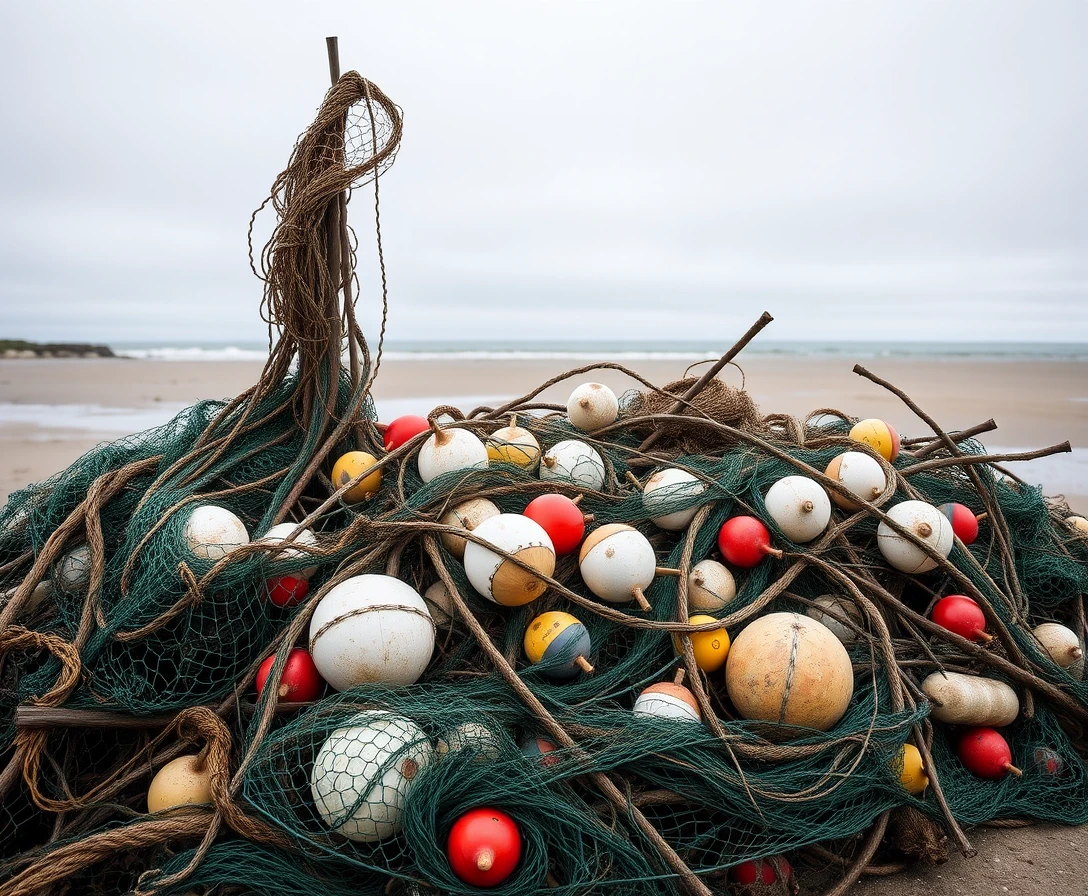 Discarded Fishing Gear Tangled On Remote Overcast Beach